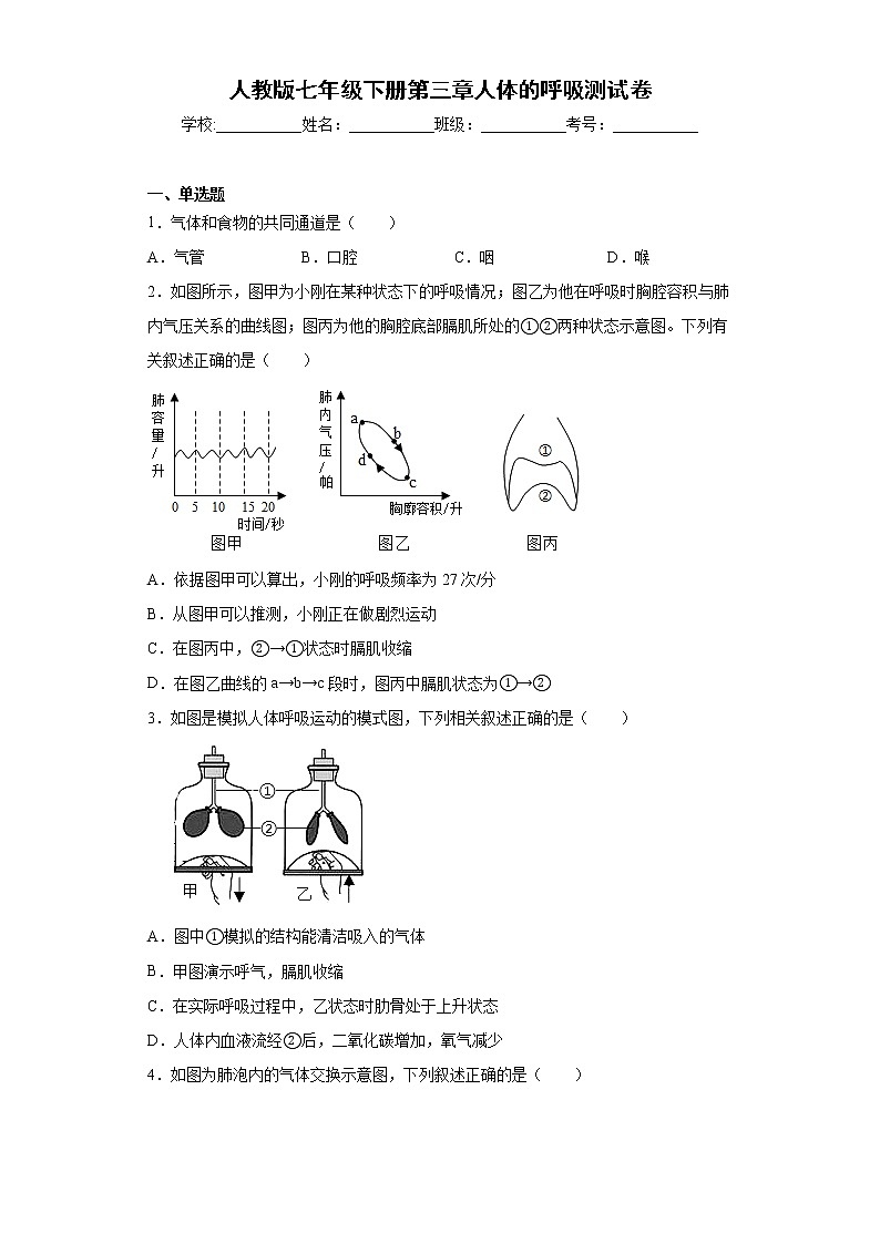 2020-2021学年人教版生物七年级下册第三章《人体的呼吸》测试卷（含答案）01