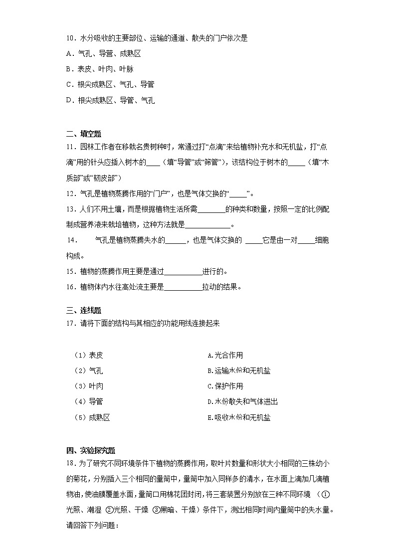 2020-2021学年鲁科版生物六年级下册第三章 《绿色植物与生物圈中的水循环》测试卷（含答案）02