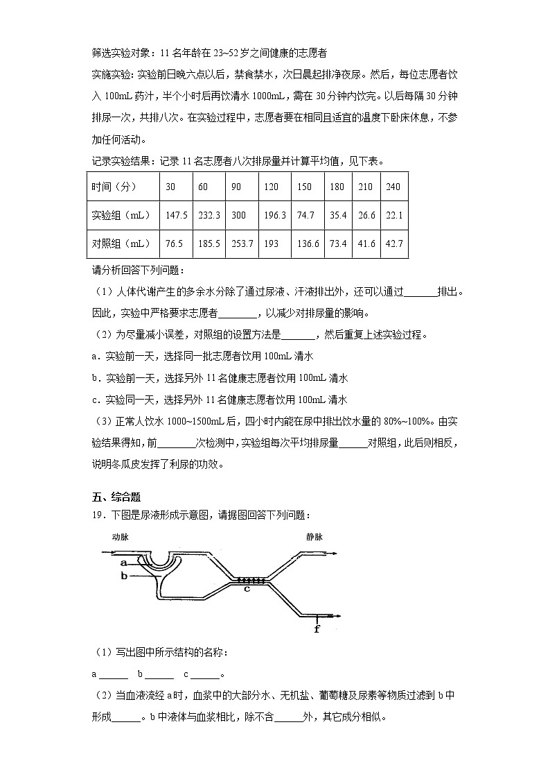 2020-2021学年苏教版生物七年级下册第十一章《人体内的废物排入环境》测试卷（含答案）03