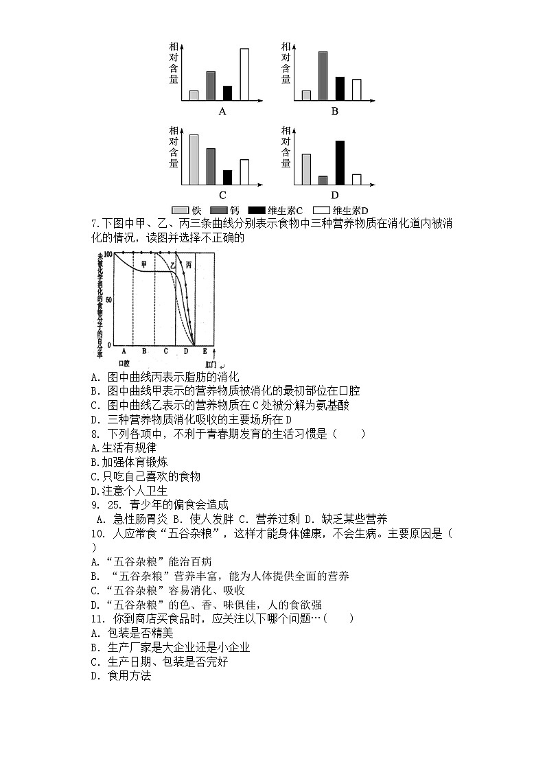 人教版生物七年级下册第二章《人体的营养》单元测试题02