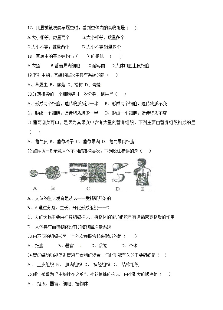 七级上学期生物人教版单元测试题（四） 第二章 细胞怎样构成生物体（含答案）03