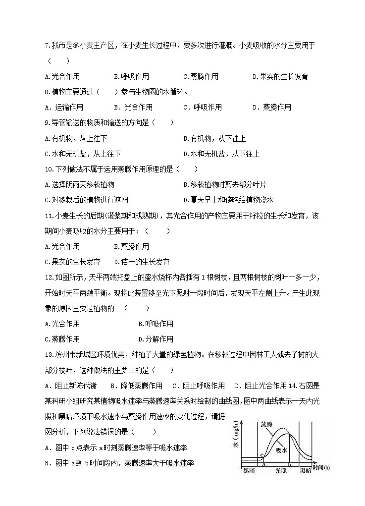 七级上学期生物人教版单元测试题（七） 第三章绿色植物参与生物圈的水循环（含答案）02