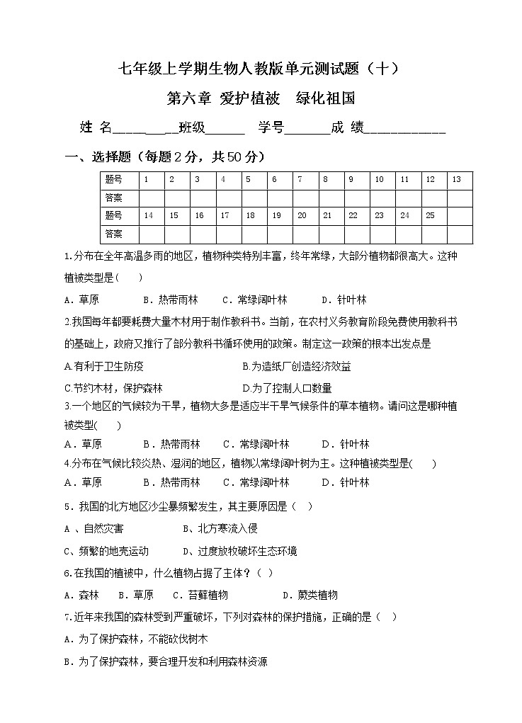 七级上学期生物人教版单元测试题（十） 第六章爱护植被绿化祖国（含答案）第1页