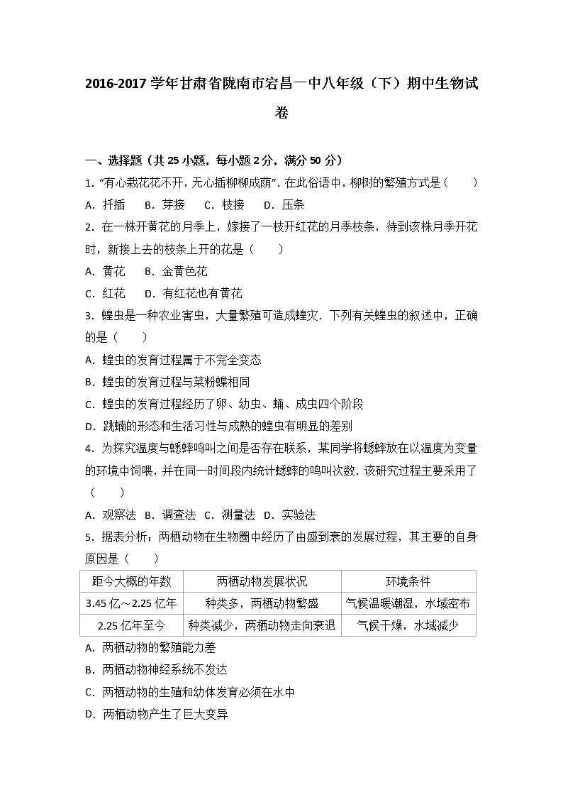 甘肃省陇南市宕昌一中-学八级（下）期中生物试卷（解析版）01