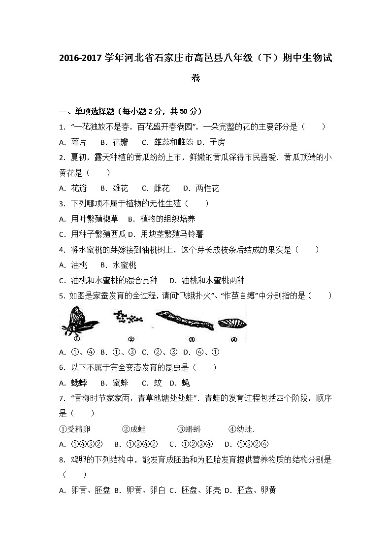 河北省石家庄市高邑县-学八级（下）期中生物试卷（解析版）01