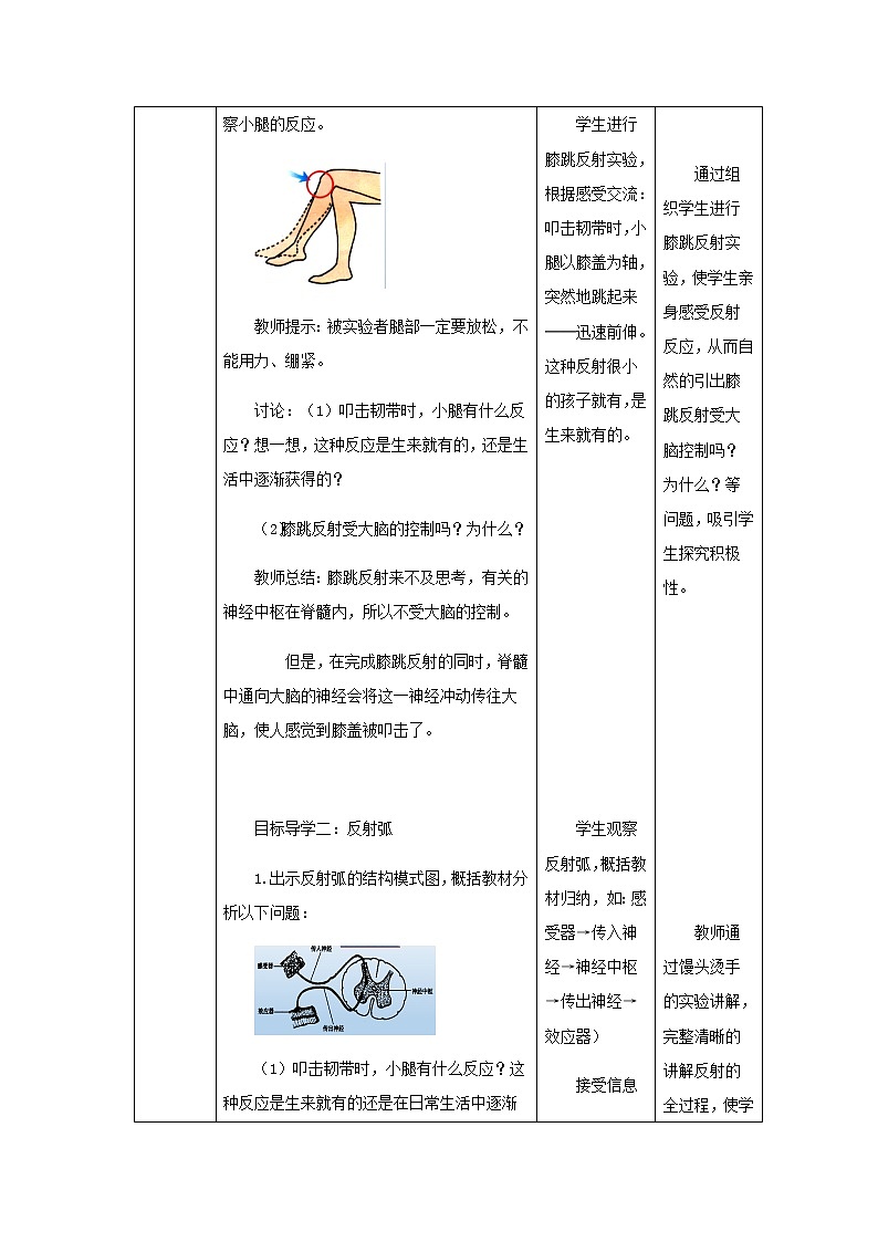 2020--2021学年人教版七年级生物 下册 第四单元 6.3 神经调节的基本方式 教案（表格式）03