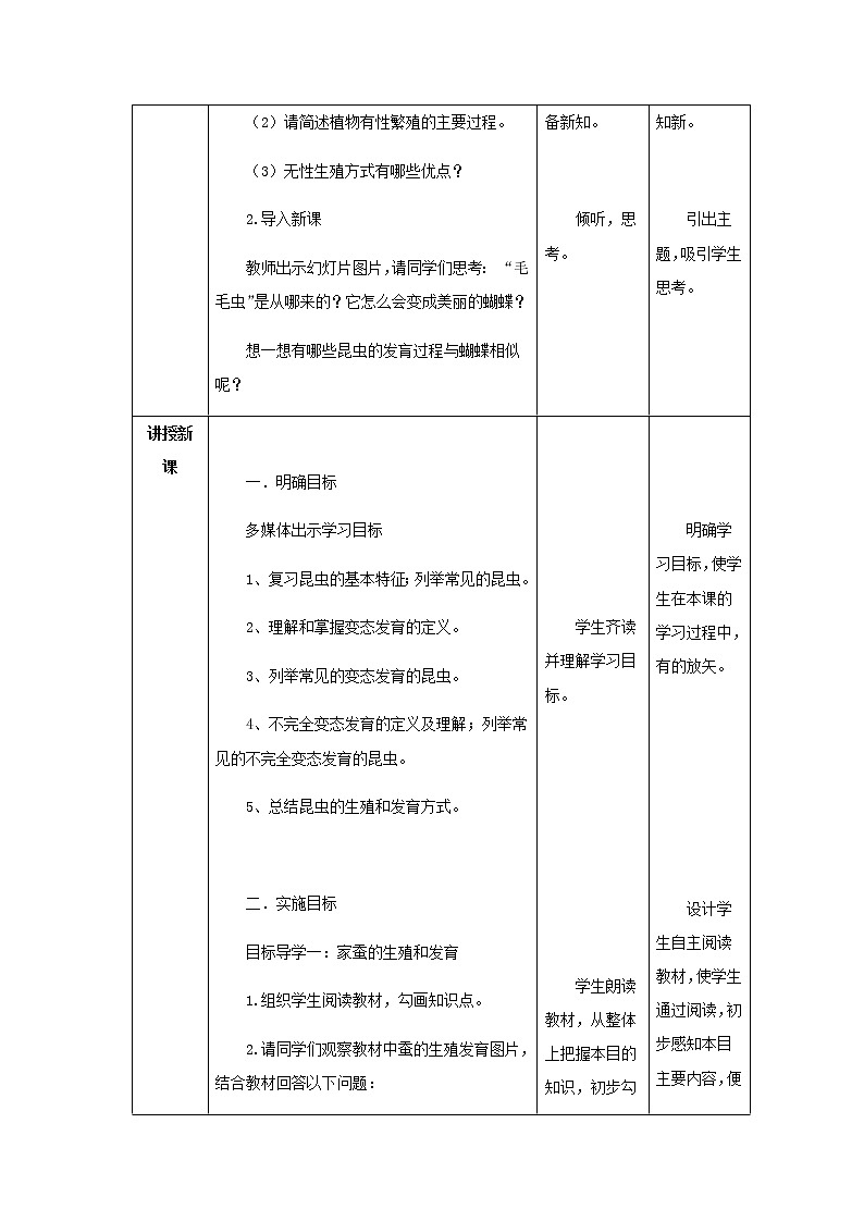 2020--2021学年人教版八年级生物 下册 第七单元 第一章 第二节 昆虫的生殖和发育 教案02