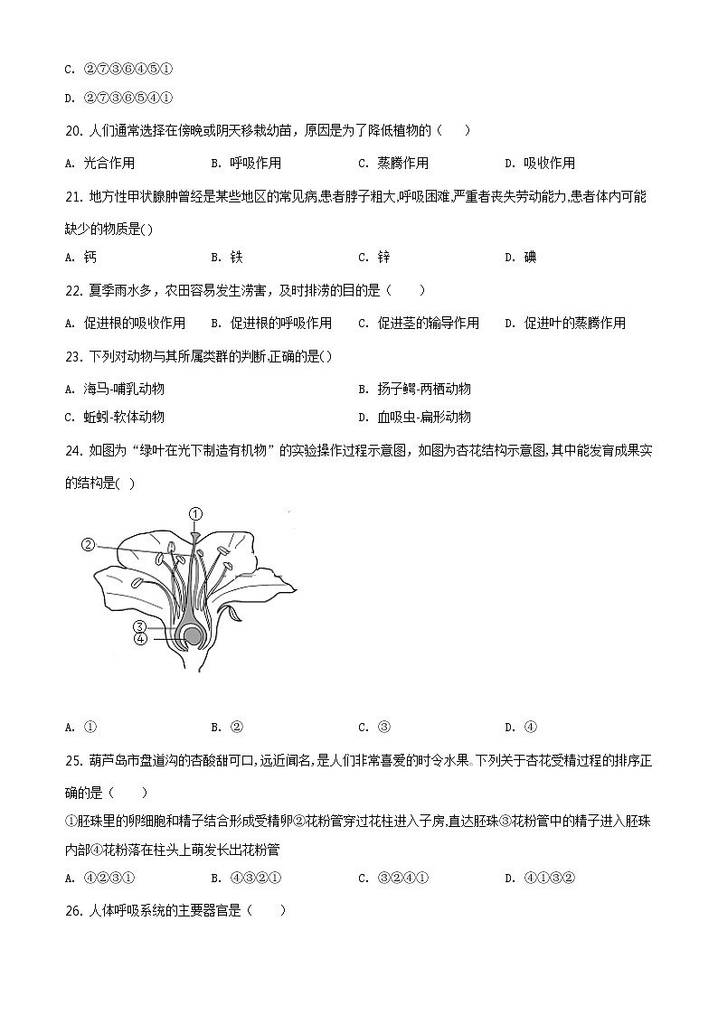 辽宁省葫芦岛市2020年中考生物试题（原卷版＋解析版）03