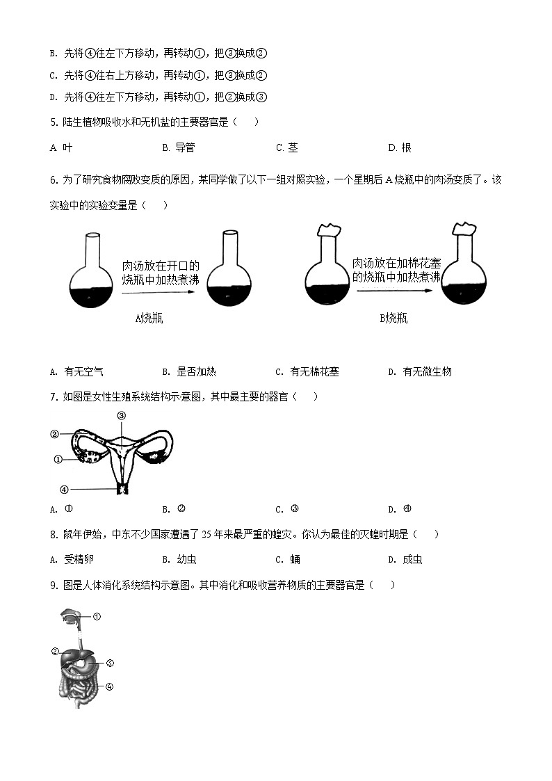 江苏省盐城市2020年中考生物试题（原卷版＋解析版）02