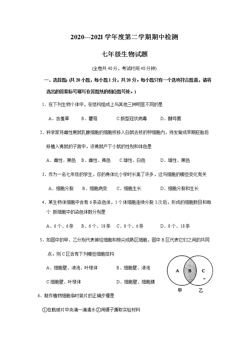 江苏省徐州市2020--2021学年度第二学期期中考试 七年级生物试题（word版含答案）01