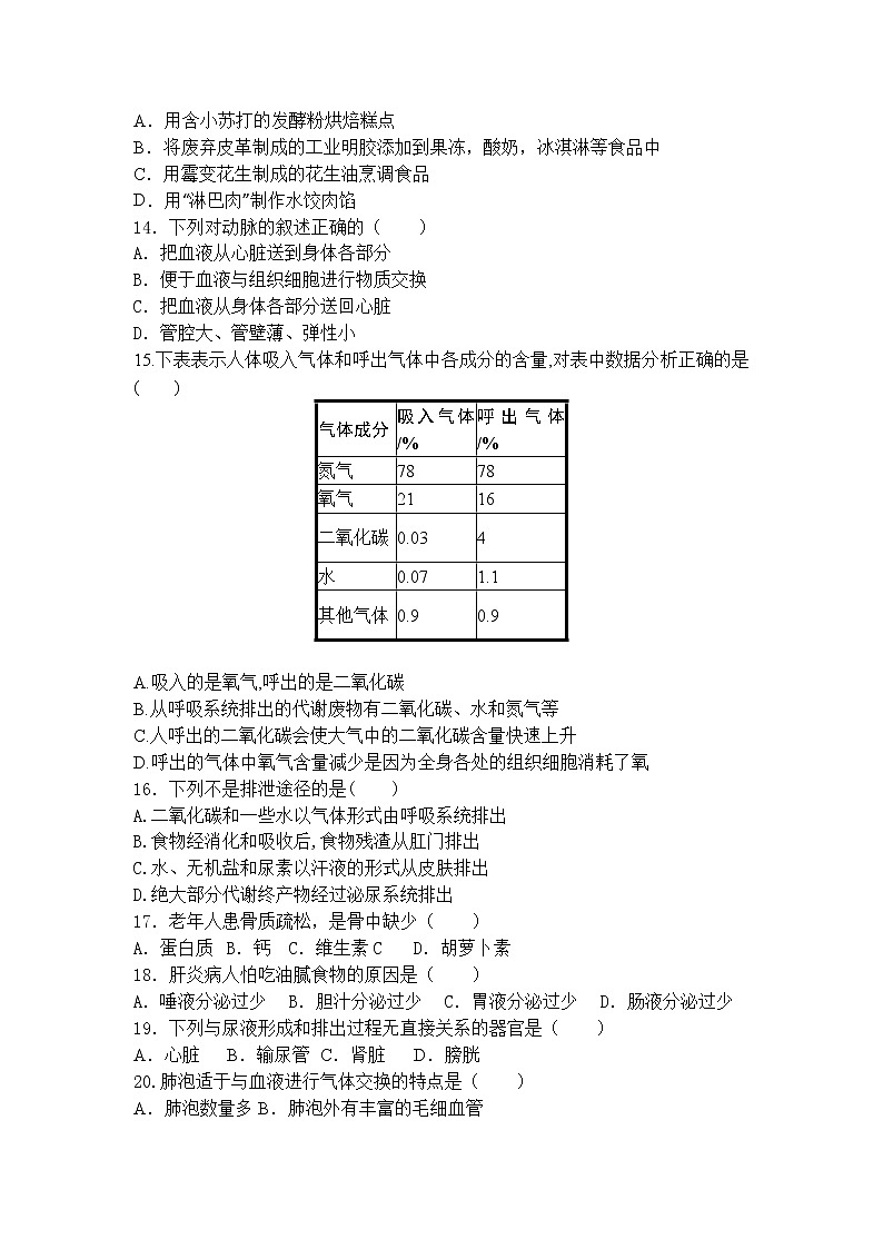 2020--2021学年安徽省砀山县七年级下学期期中生物试卷（word版 含答案）02