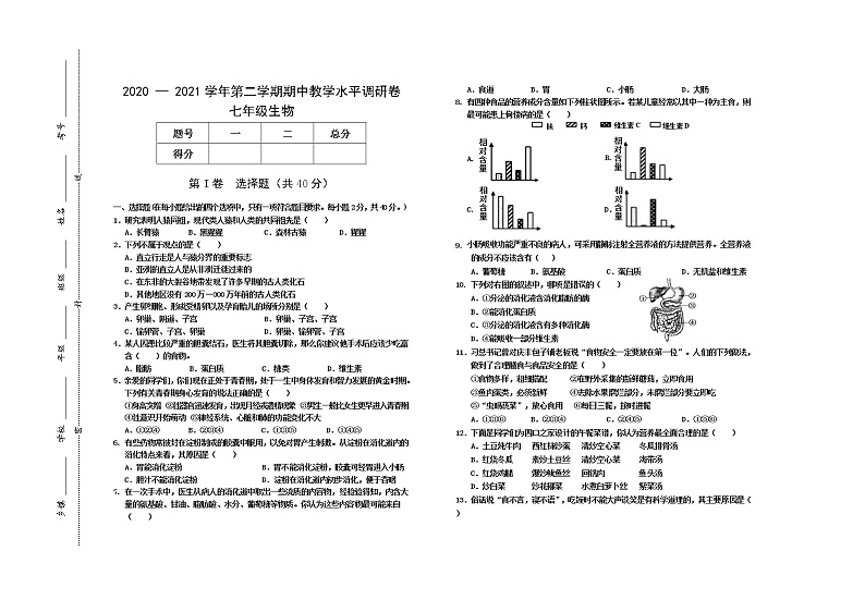 山西省晋中市灵石县2020-2021学年七年级下学期期中生物试题（word版 含答案）01