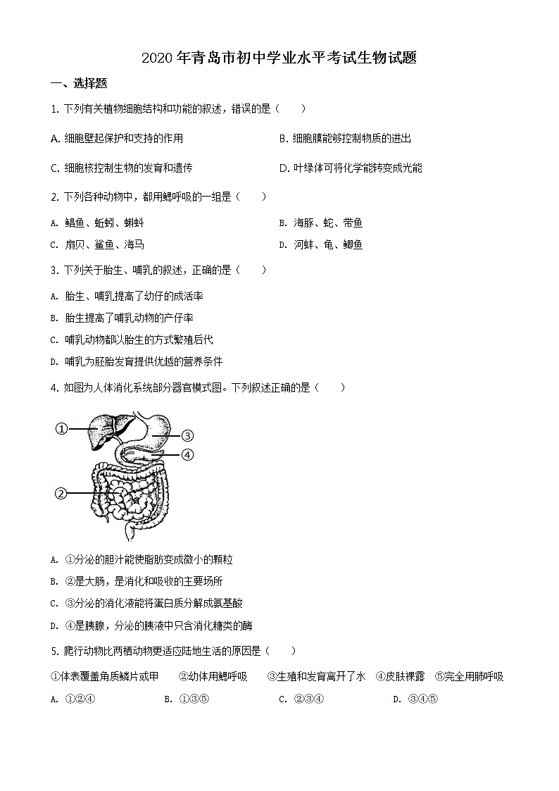 山东省青岛市2020年中考生物试题（原卷版＋解析版）01