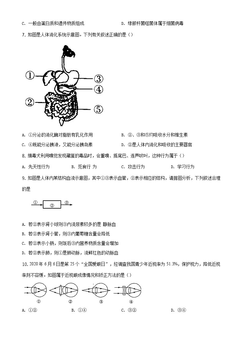 山东省枣庄市2020年中考生物试题（原卷版＋解析版）02