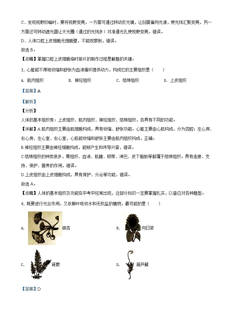 湖南岳阳市2020年中考生物试题（原卷版＋解析版）02