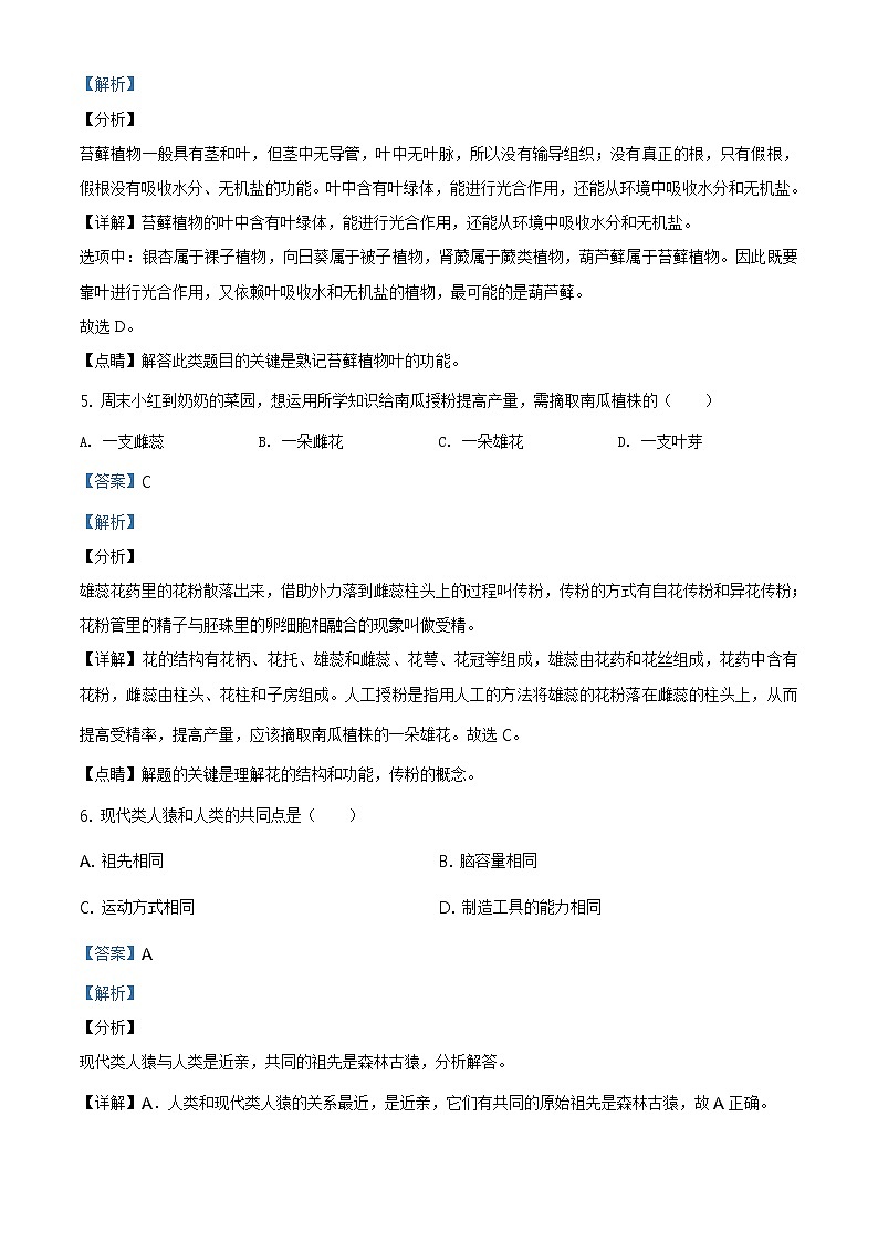 湖南岳阳市2020年中考生物试题（原卷版＋解析版）03