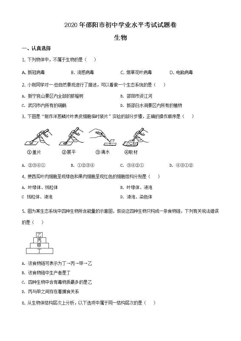 湖南省邵阳市2020年中考生物试题（原卷版＋解析版）01