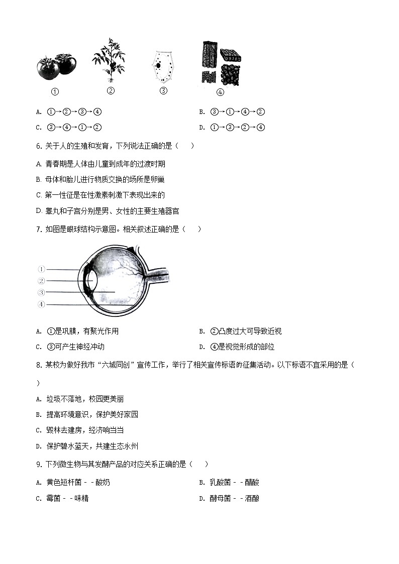 湖南省永州市2020年中考生物试题（原卷版＋解析版）02