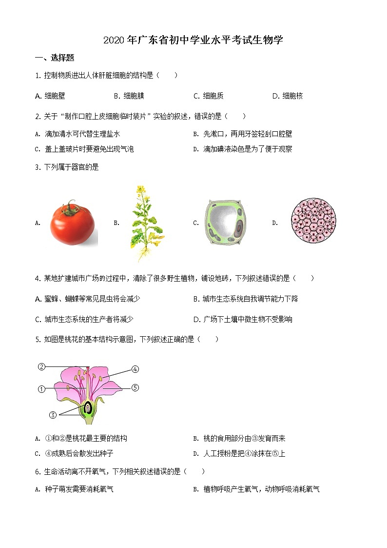 广东省2020年中考生物试题（原卷版）第1页