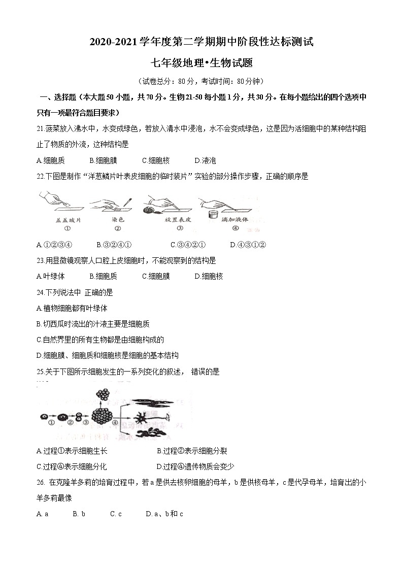江苏省宿迁市沭阳县2020-2021学年七年级下学期期中生物试题（word版 含答案）01