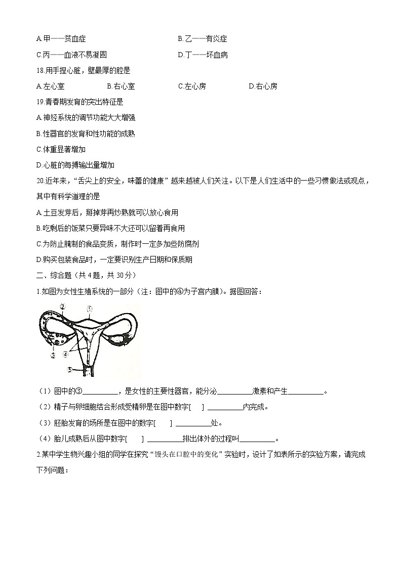 河南省周口市郸城县2020-2021学年七年级下学期期中生物试题（word版 含答案）03