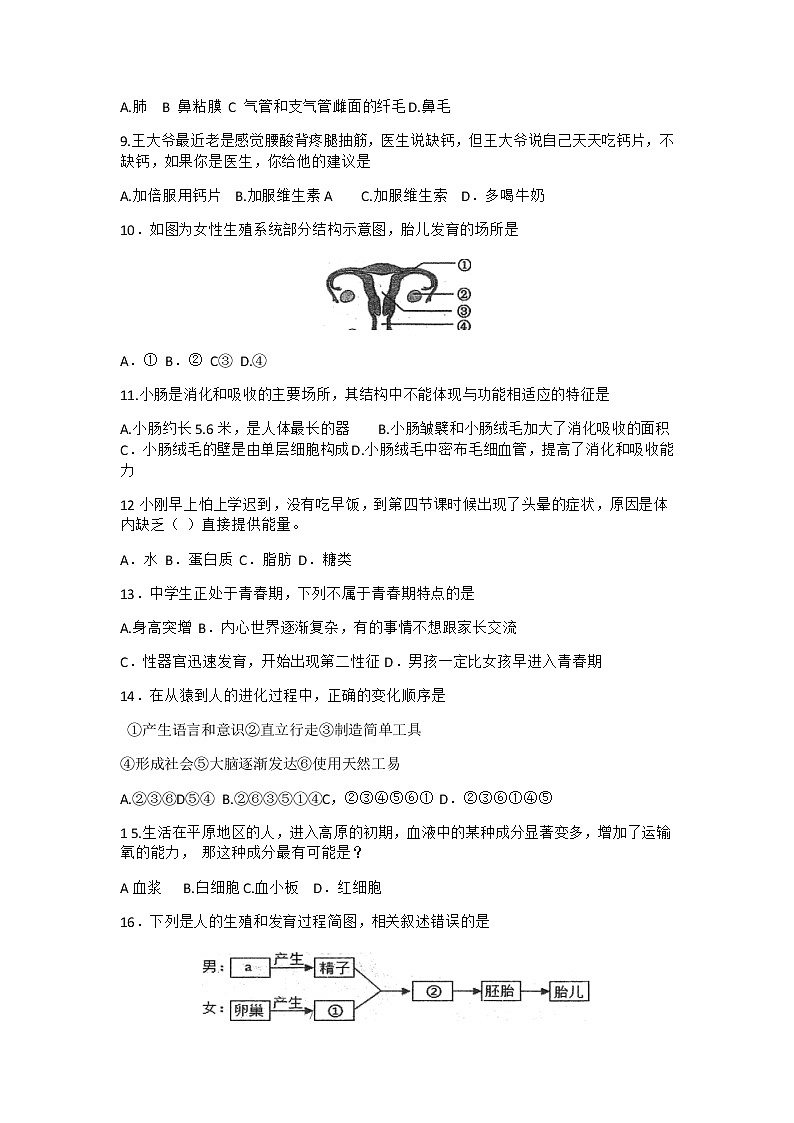 安徽省六安市2020-2021学年下学期期中考试七年级生物试题（Word版无答案）02