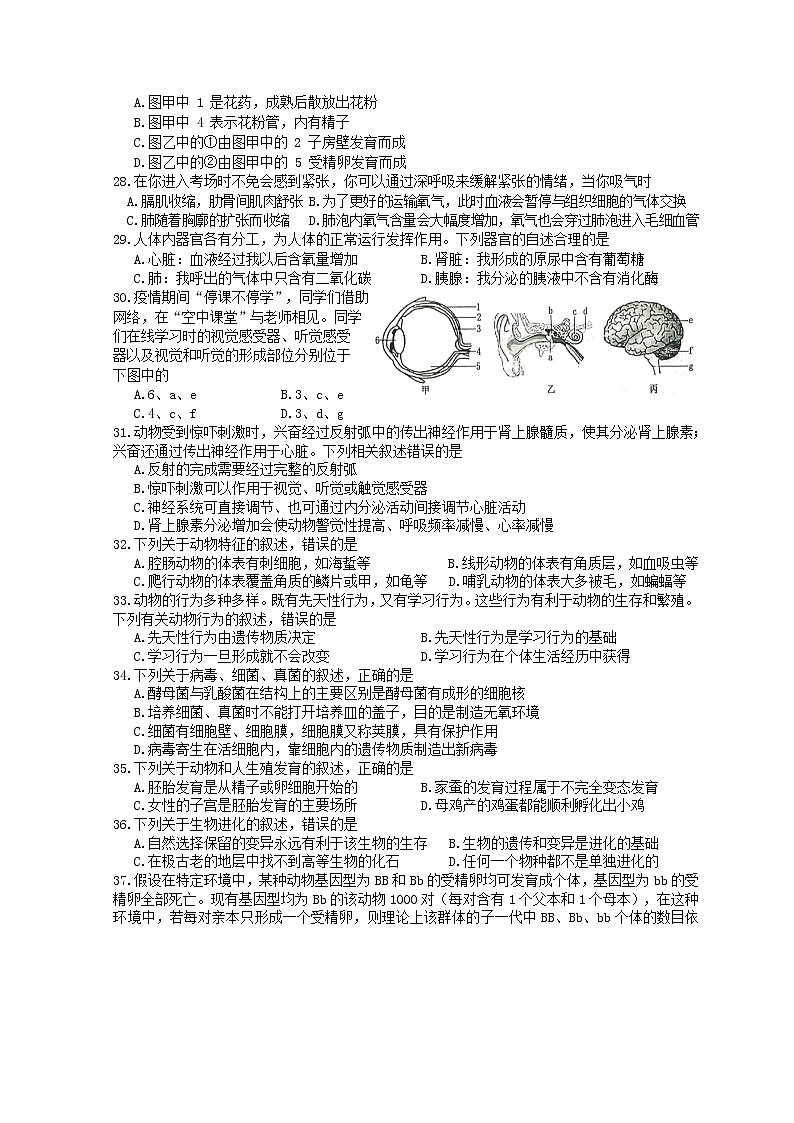 四川省绵阳市三台县2020-2021学年下学期八年级期中考试生物试题（含答案）02