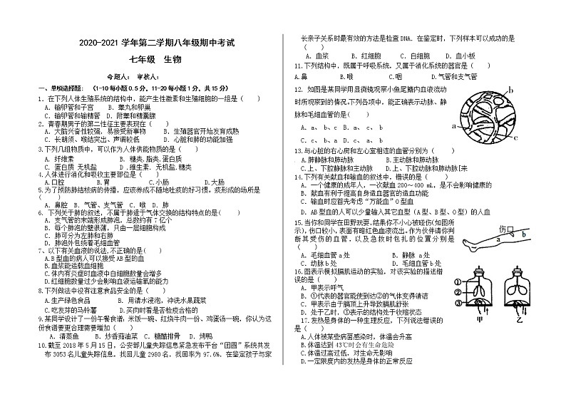甘肃省兰州市2020-2021学年七年级下学期期中考试生物试题（word版  含答案）第1页