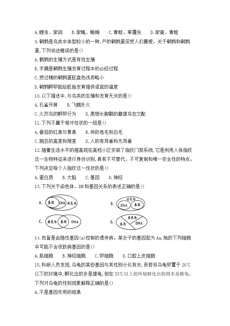 安徽省蚌埠市2020--2021学年下学期期中教学质量监测八年级生物试卷（word版，无答案）02