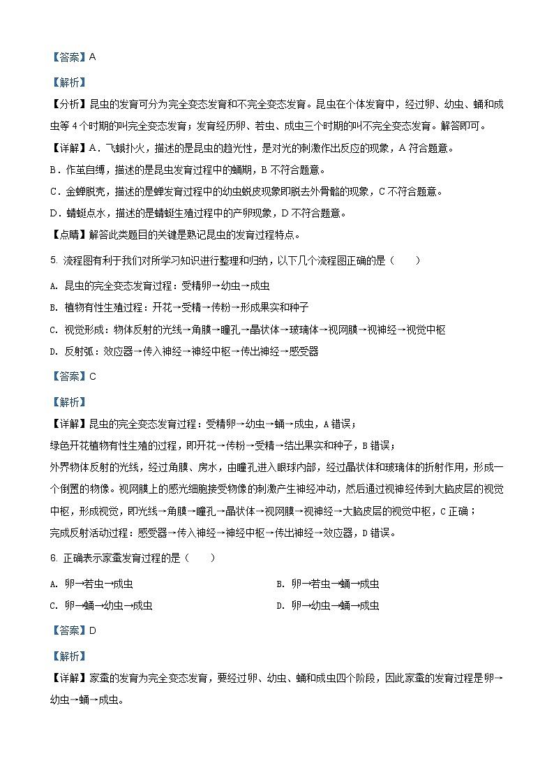 精品解析：人教版八年级生物下册7.1.2昆虫的生殖和发育同步练习02