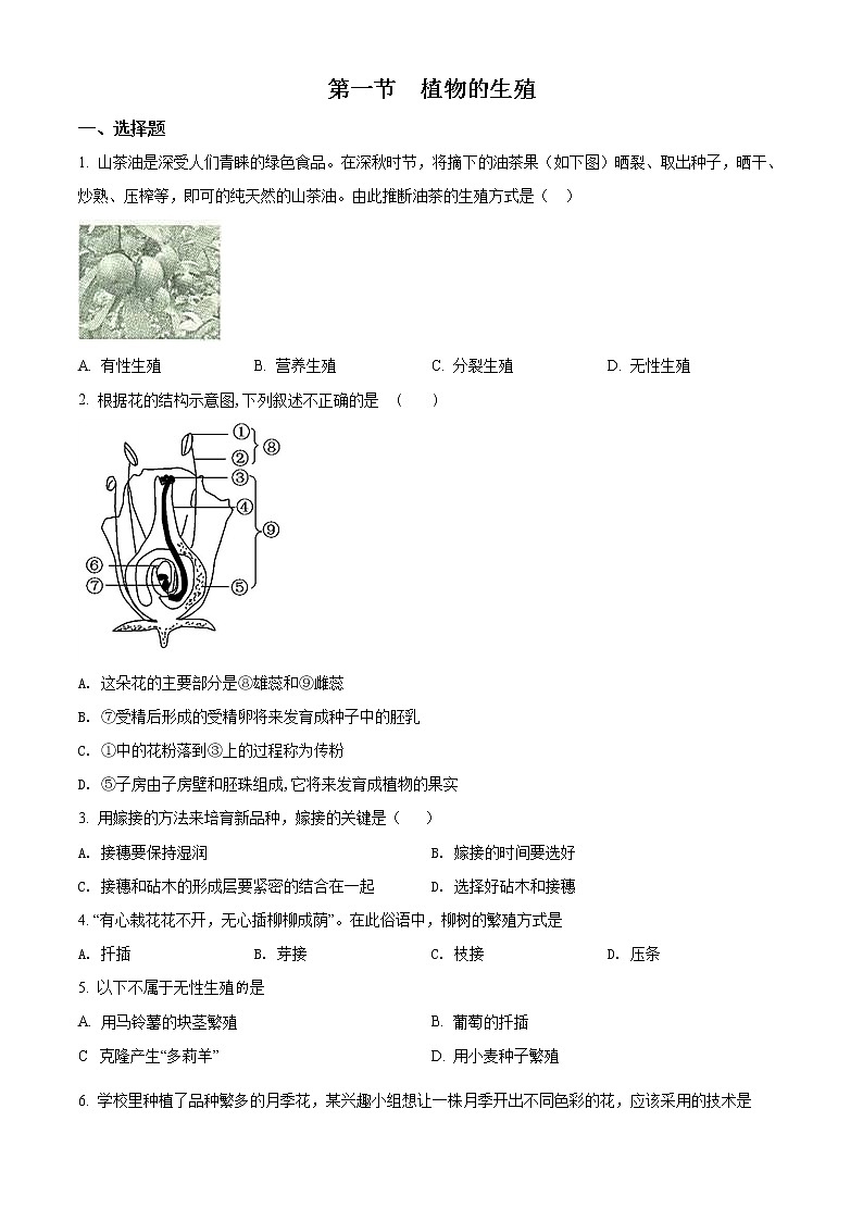 精品解析：人教版八年级生物下册7.1.1植物的生殖同步练习01