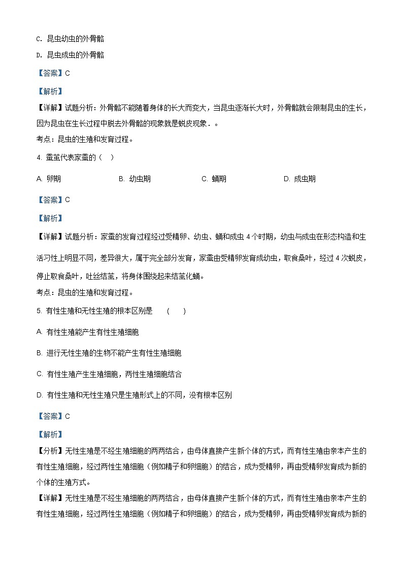 精品解析：人教版八年级下第七单元第一章《生物的生殖和发育》测试02