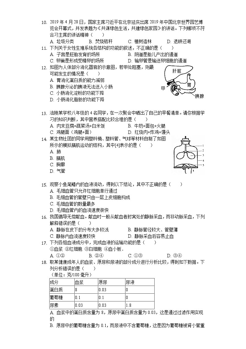 2020年重庆市涪陵区初中生物结业考试试卷02