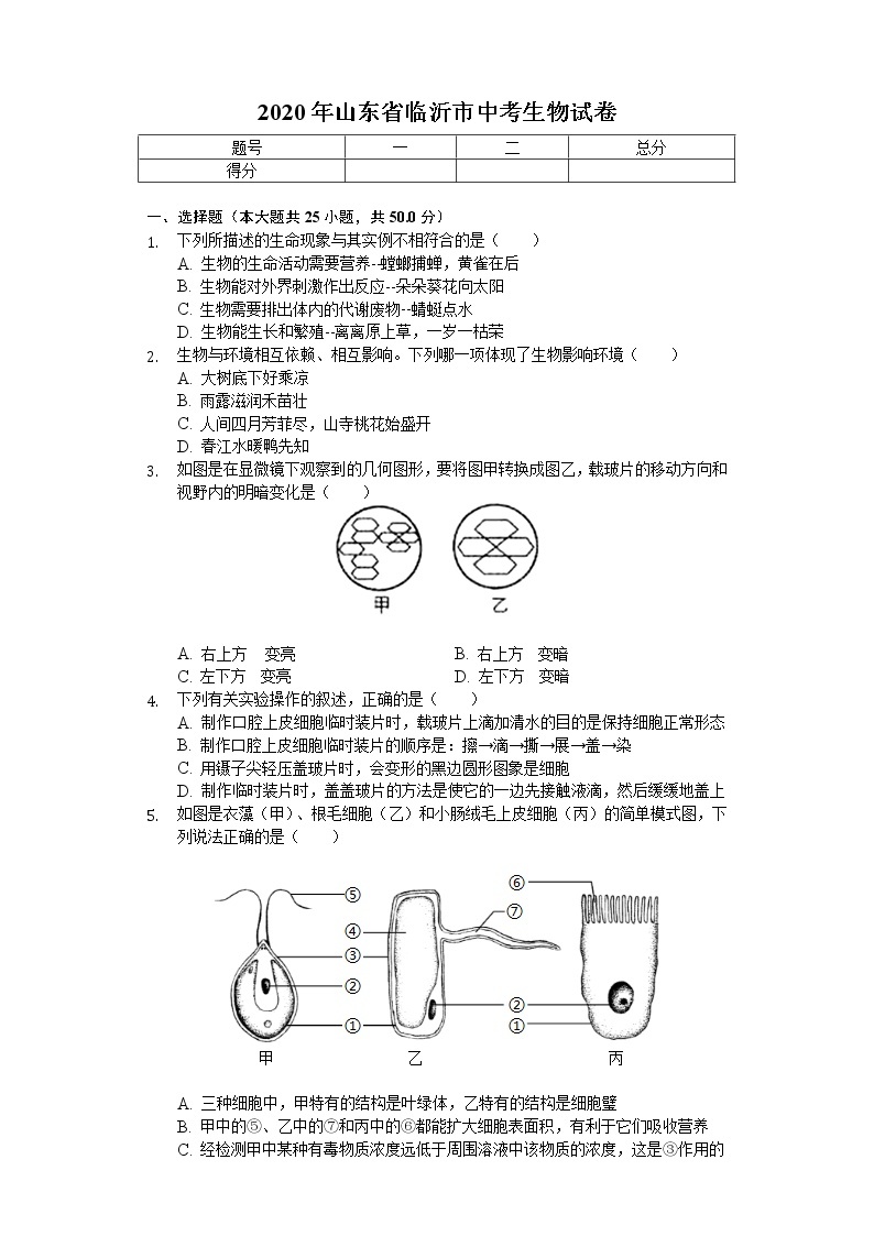 2020年山东省临沂市中考生物试卷01