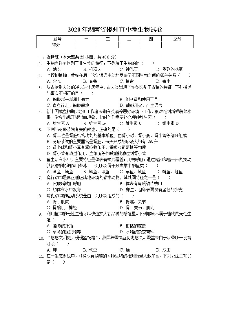 2020年湖南省郴州市中考生物试卷01