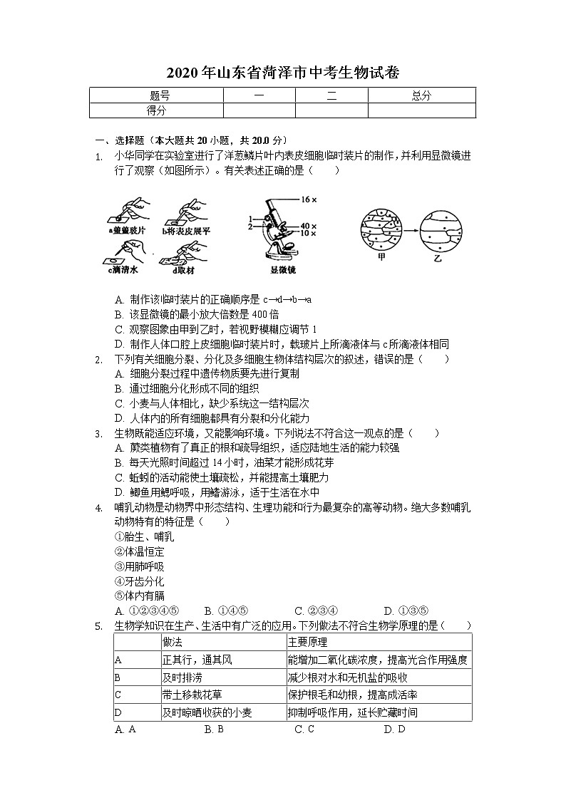 2020年山东省菏泽市中考生物试卷01