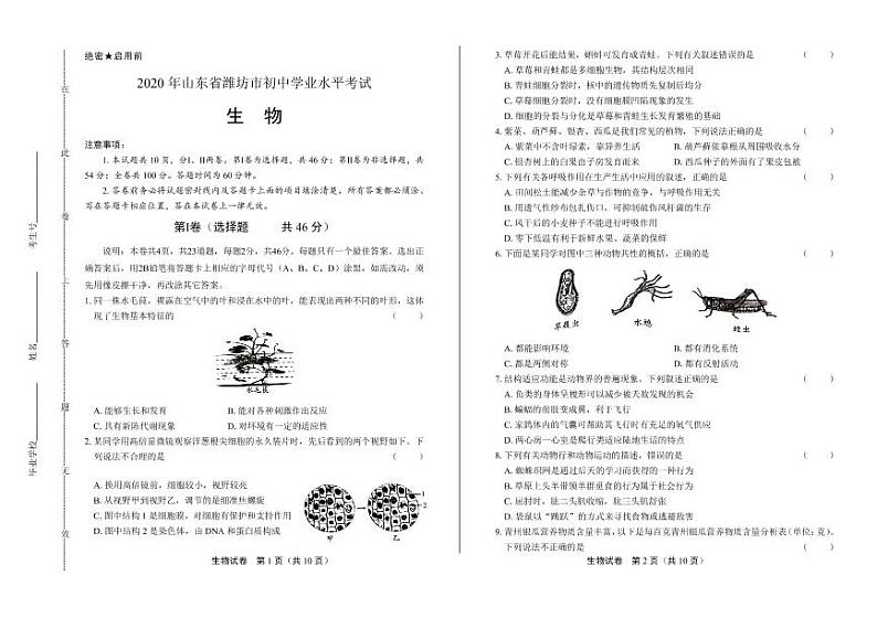 2020年山东省潍坊中考生物试卷附答案解析01