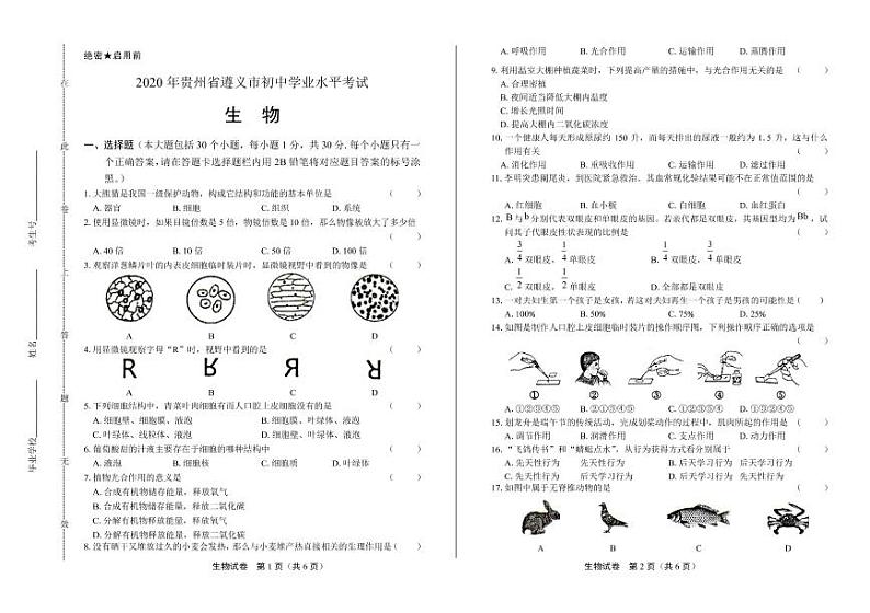 2020年贵州省遵义中考生物试卷附答案解析01