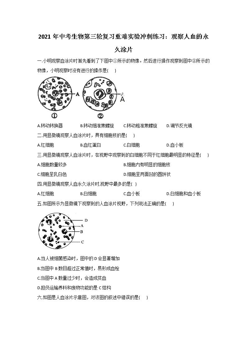 2021年中考生物第三轮复习重难实验冲刺练习：观察人血的永久涂片（答案解析版）第1页