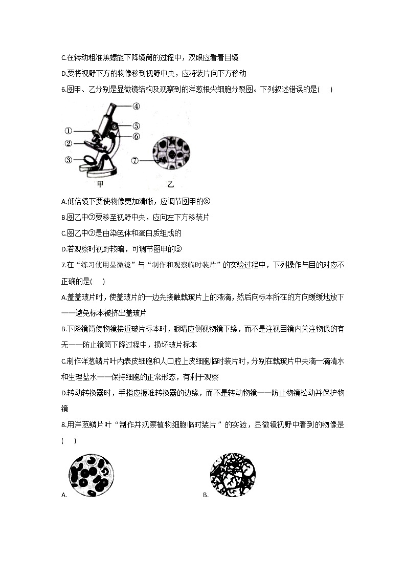 2021年中考生物重难实验冲刺练习：观察洋葱鳞片叶表皮细胞临时装片（答案解析版）02