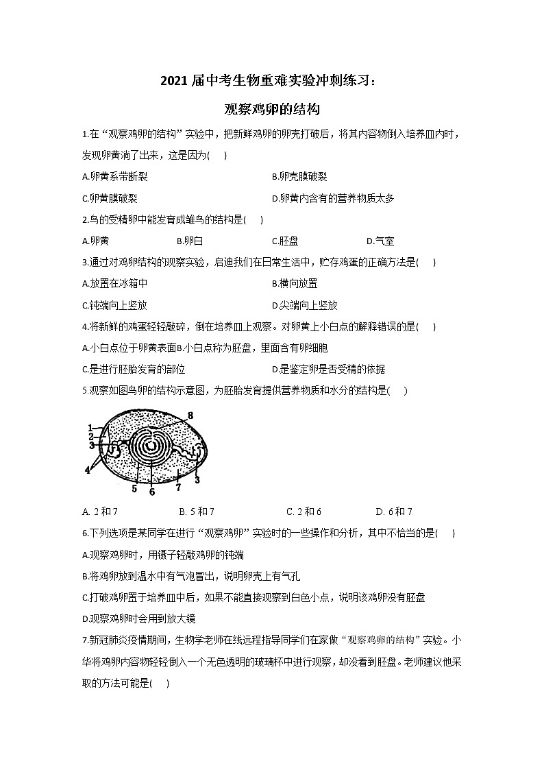 2021年中考生物重难实验冲刺练习：观察鸡卵的结构（答案解析版）01
