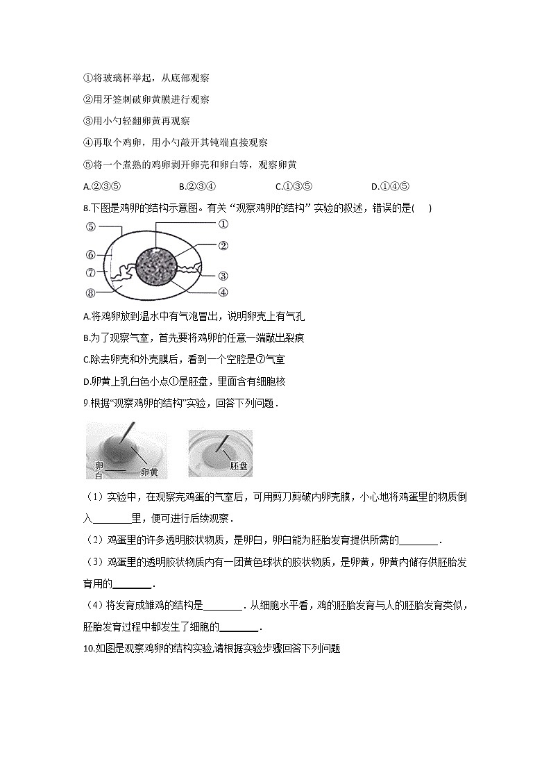 2021年中考生物重难实验冲刺练习：观察鸡卵的结构（答案解析版）02