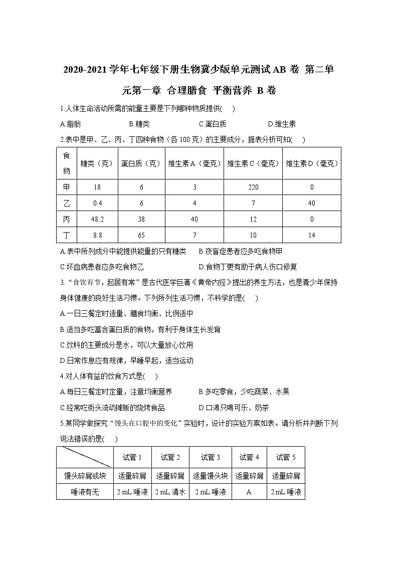 2020-2021学年七年级下册生物冀少版单元测试AB卷 第二单元第一章 合理膳食 平衡营养 B卷（答案解析版）01