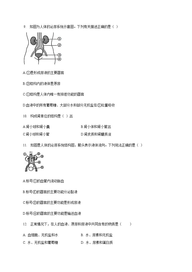2020-2021学年人教版生物七年级下册  第四单元 第5章  人体废物的排出  单元检测试题（无答案）第3页