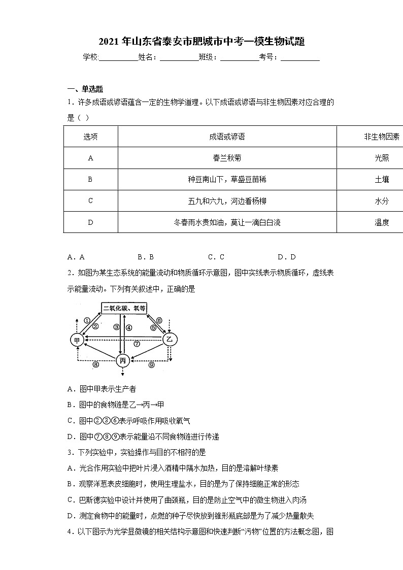 2021年山东省泰安市肥城市中考一模生物试题（word版 含答案）01