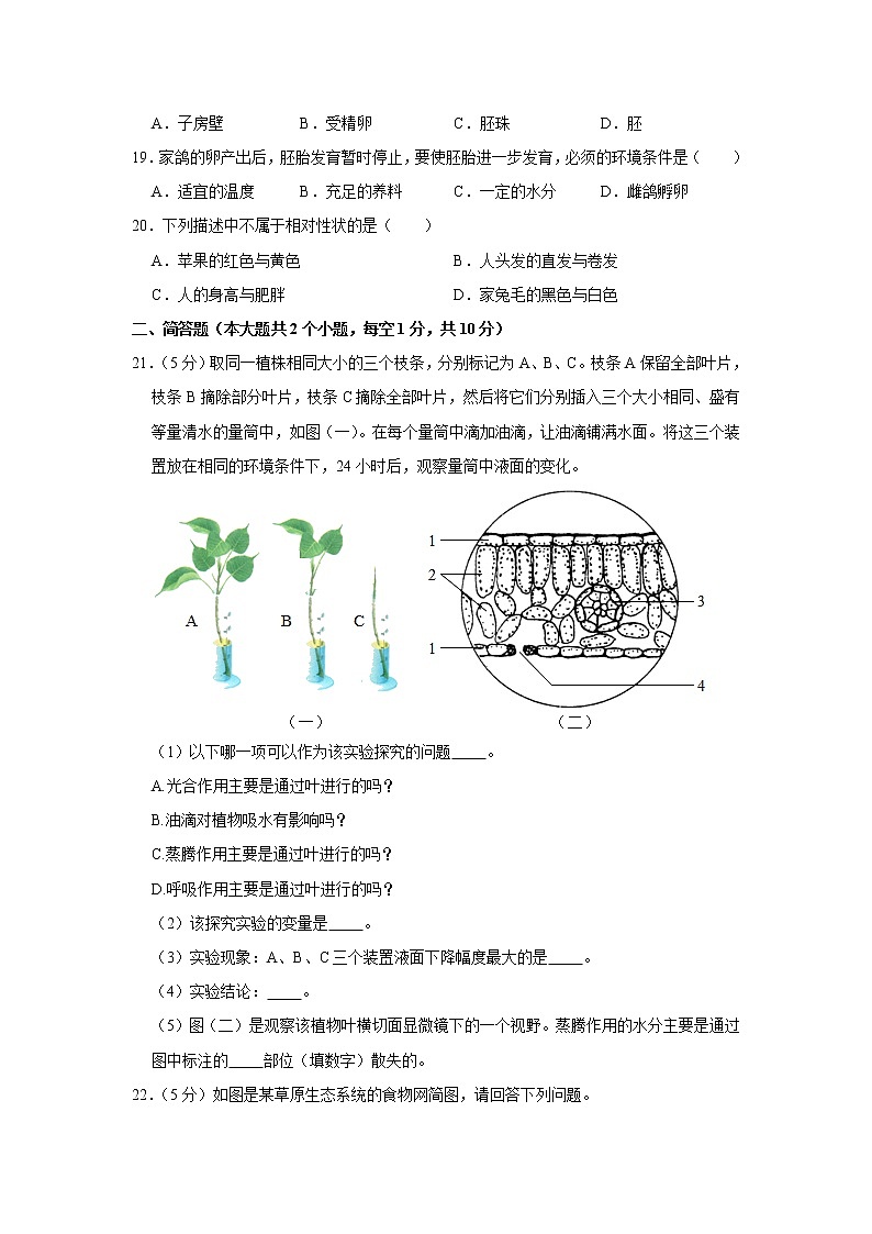 2020-2021学年下学期江苏省盐城市射阳县八年级摸底生物试卷（word版 含答案）03