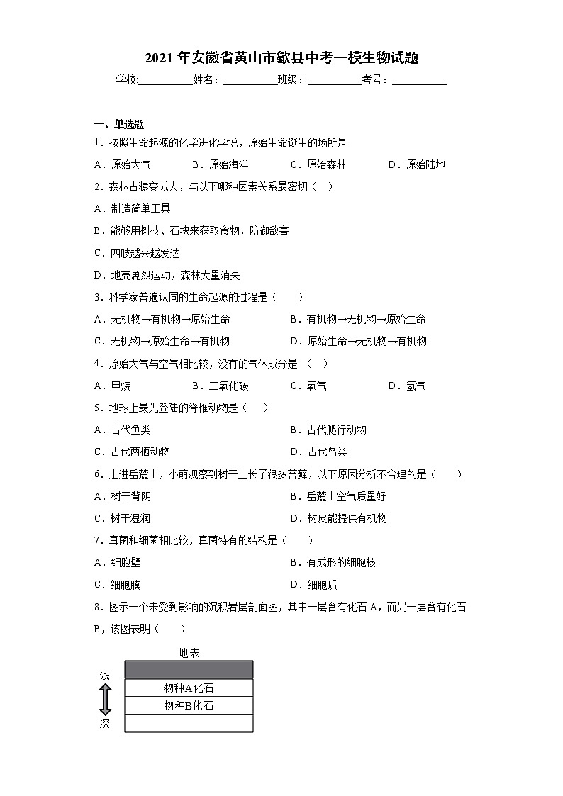 2021年安徽省黄山市歙县中考一模生物试题（word版 含答案）01