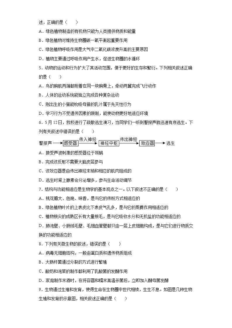 2021年湖北省黄冈市黄梅县中考模拟试卷（一）生物试题（word版 含答案）02