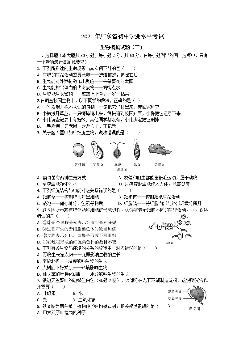 2021年广东省初中学业水平考试生物模拟试题（三）（word  含答案）01