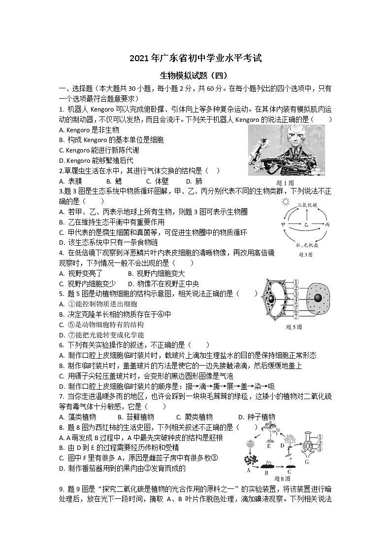 2021年广东省初中学业水平考试生物模拟试题（四）（word  含答案）01